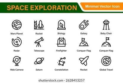 Modern Space Exploration Technology Icons – Outline, Line Art, Vector Illustrations for Rocket Science, Satellites, Astronauts, and Future Missions