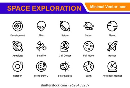 Modern Space Exploration Technology Icons – Outline, Line Art, Vector Illustrations for Rocket Science, Satellites, Astronauts, and Future Missions