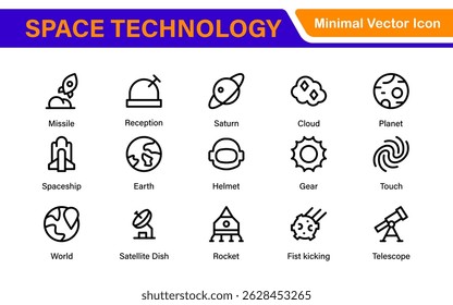 Modern Space Exploration Technology Icons – Outline, Line Art, Vector Illustrations for Rocket Science, Satellites, Astronauts, and Future Missions