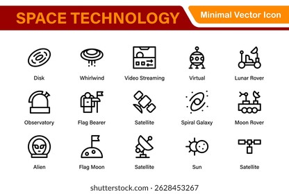 Modern Space Exploration Technology Icons – Outline, Line Art, Vector Illustrations for Rocket Science, Satellites, Astronauts, and Future Missions