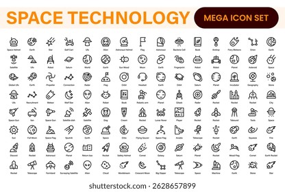 Modern Space Exploration Technology Icons – Outline, Line Art, Vector Illustrations for Rocket Science, Satellites, Astronauts, and Future Missions