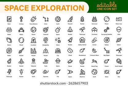 Modern Space Exploration Technology Icons – Outline, Line Art, Vector Illustrations for Rocket Science, Satellites, Astronauts, and Future Missions