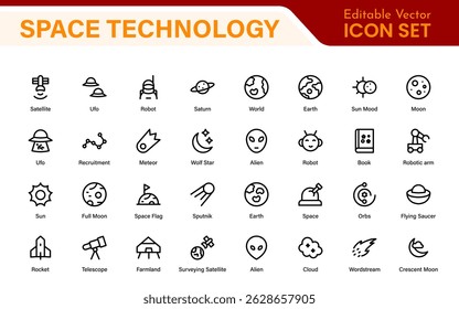 Modern Space Exploration Technology Icons – Outline, Line Art, Vector Illustrations for Rocket Science, Satellites, Astronauts, and Future Missions