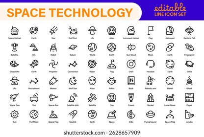 Modern Space Exploration Technology Icons – Outline, Line Art, Vector Illustrations for Rocket Science, Satellites, Astronauts, and Future Missions
