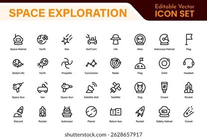 Modern Space Exploration Technology Icons – Outline, Line Art, Vector Illustrations for Rocket Science, Satellites, Astronauts, and Future Missions