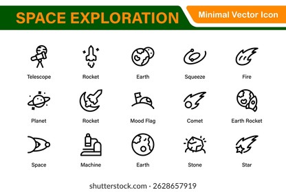 Modern Space Exploration Technology Icons – Outline, Line Art, Vector Illustrations for Rocket Science, Satellites, Astronauts, and Future Missions