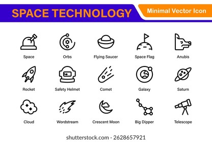 Modern Space Exploration Technology Icons – Outline, Line Art, Vector Illustrations for Rocket Science, Satellites, Astronauts, and Future Missions