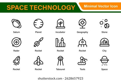 Modern Space Exploration Technology Icons – Outline, Line Art, Vector Illustrations for Rocket Science, Satellites, Astronauts, and Future Missions