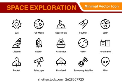 Modern Space Exploration Technology Icons – Outline, Line Art, Vector Illustrations for Rocket Science, Satellites, Astronauts, and Future Missions