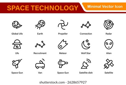 Modern Space Exploration Technology Icons – Outline, Line Art, Vector Illustrations for Rocket Science, Satellites, Astronauts, and Future Missions