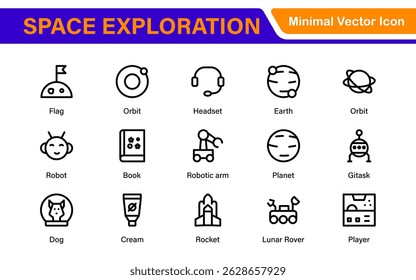 Modern Space Exploration Technology Icons – Outline, Line Art, Vector Illustrations for Rocket Science, Satellites, Astronauts, and Future Missions