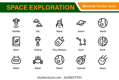 Modern Space Exploration Technology Icons – Outline, Line Art, Vector Illustrations for Rocket Science, Satellites, Astronauts, and Future Missions