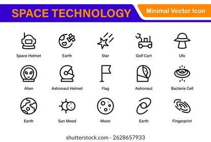 Modern Space Exploration Technology Icons – Outline, Line Art, Vector Illustrations for Rocket Science, Satellites, Astronauts, and Future Missions