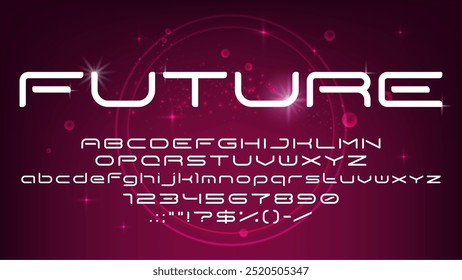 Modern space font, futuristic galaxy typeface, dynamic tech type vector typography. Future technology alphabet font with techno digital letters and numbers, abstract bokeh background with galaxy stars