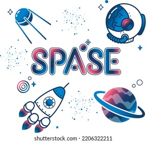 Modern space icons stickers in the same style: stars, astronaut, rocket, satellite, planet and additional bright elements including letters