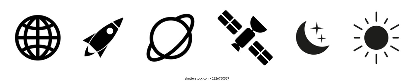 Modern space illustration. Rocket, spaceship, planet, saturn. Moon, satellite. Vector icon. 