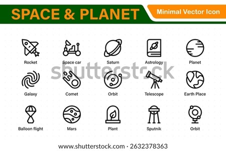 Modern Space and Planet Icons – Clean Outline, Line Art, and Vector Illustrations for Astronomy, Space Exploration, Planets, and Solar System Designs
