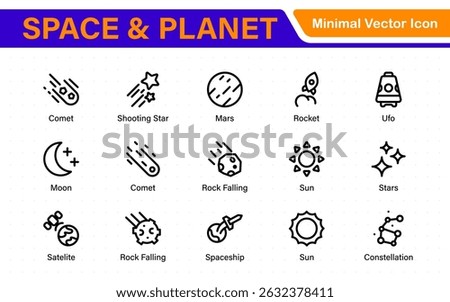 Modern Space and Planet Icons – Clean Outline, Line Art, and Vector Illustrations for Astronomy, Space Exploration, Planets, and Solar System Designs
