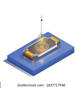 Modern space program composition with isometric images of launching base with flying rocket clearing the pad vector illustration