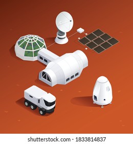 Modern space program isometric composition with images of spacecraft rover truck and buildings of extraterrestrial base vector illustration
