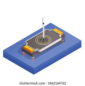 Modern space program isometric composition with image of rocket standing on launching pad ready for launch vector illustration