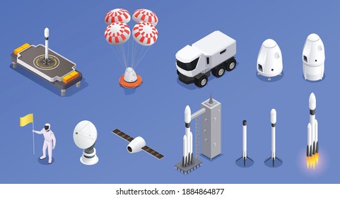 Modern space program set of isometric icons and isolated rocket images with landing modules and satellites vector illustration