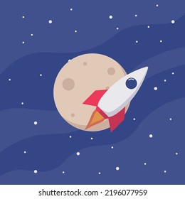 Modern space rocket flying in space illustration with flat design