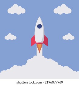 Modern space rocket flying in space illustration with flat design