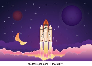 Modern space rocket flying up over clouds against night sky with planets and stars cartoon vectro illustration.