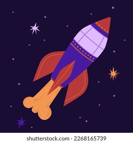 Modern space rocket on the background of the starry sky vector illustration. Spaceship in flat style. International Day of Human Space Flight and Cosmonautics Day. Ideal for stickers, postcards and