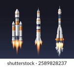 Modern space rockets set isolated on black background. Vector realistic illustration of futuristic spaceship launch, shuttles taking off, engine fire and smoke, cosmos exploration, scientific mission