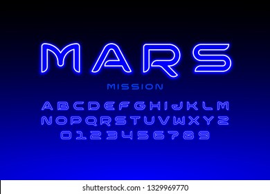 Modern space style typeface, alphabet letters and numbers vector illustration