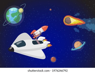 Modern spacecraft travelling in outer space. Cartoon vector illustration. Colorful planets, flying rocket, asteroid in space background. Space, universe, travel, UFO concept for banner design