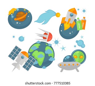 Modern spacecrafts and cosmic planets isolated illustrations set