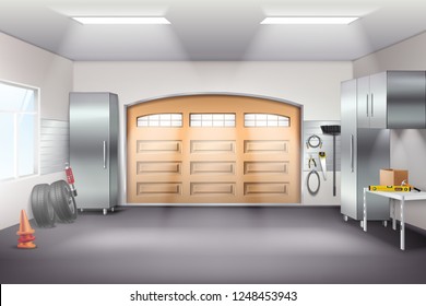 Modern Spacious Garage Interior Realistic Composition With Tool Storage Cabinets Pegboard Workbench Tires Sliding Door Vector Illustration