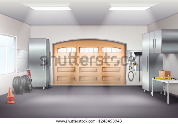 Modern Spacious Garage Interior Realistic Composition Stock Vector