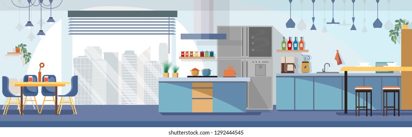 Modern, Spacious Kitchen Interior Cartoon Vector Panoramic Illustration with Chairs Around Dining Table, Various Contemporary Kitchen Appliances, Dishes and Cooking Devices. Household Background