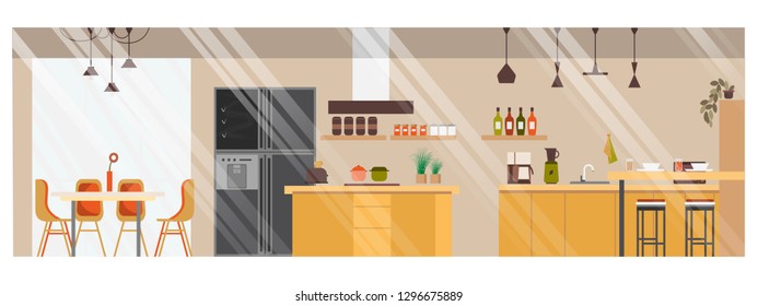 Modern Spacious Kitchen Panoramic Flat Vector Interior with Desk and Chair in Dinning Zone, Side-to-Side Doors Fridge, Island in Middle and Various Contemporary Appliances on Counter Illustration.