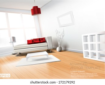 Modern spacious living room with white leather sofa and red pillows. High quality vector template