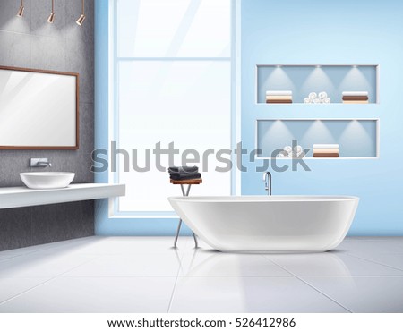 Modern spacious sunlit bathroom interior realistic design with white bath sink accessories and big window vector illustration