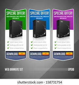 Modern Special Offer Web Banner Set Vector Colored: Green, Blue, Violet, Purple. Website Showing Product Box, Purchase Download Button. 