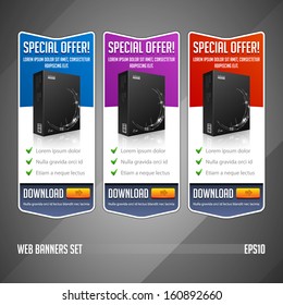Modern Special Offer Web Banner Set Vector Colored: Blue, Violet, Purple, Red. Website Showing Product Box, Purchase Download Button. 