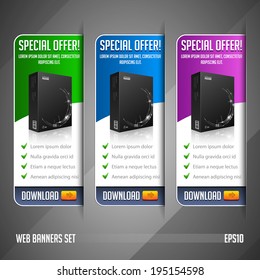 Modern Special Offer Web Banner Set Vector Colored: Green, Blue, Violet, Purple. Website Showing Product Box, Purchase Download Button.
