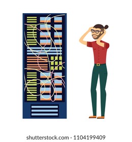 Modern it specialist man in glasses in computer server rack at data center, database icon. Hardware information storage, internet cloud computing symbol. Vector flat isolated illustration.