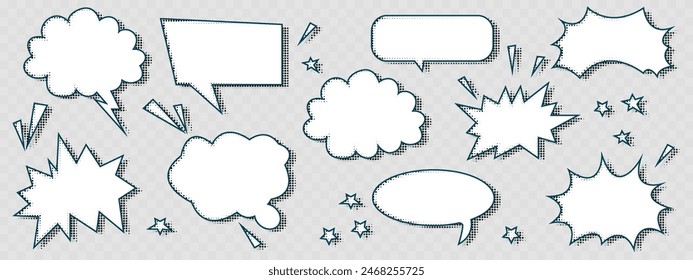 Modern speech bubble with halftone shadows. Emotional message with grunge texture. Vector illustration on a transparent background. Dialogue box for comic books. Chat speech