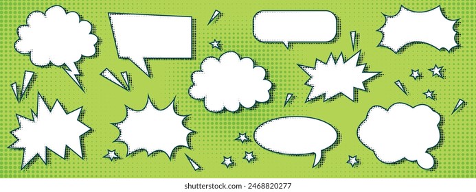 Burbuja de habla moderna con sombras de semitonos. Mensaje emocional con textura grunge. Ilustración vectorial sobre fondo verde. Cuadro de diálogo para cómics. Voz de chat