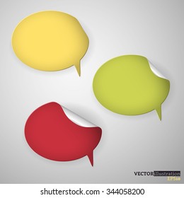 Modern speech bubbles with curled corners, colored yellow, green and red. Vector illustration. 