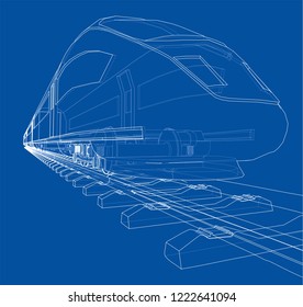 Modern speed train concept. Vector rendering of 3d. Wire-frame style