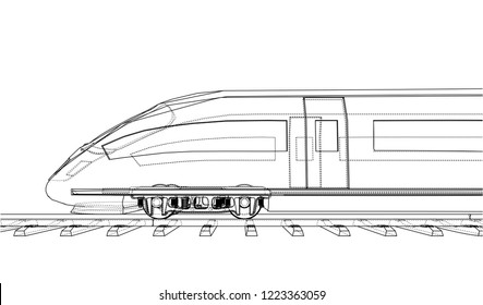 Modern speed train concept. Vector rendering of 3d. Wire-frame style