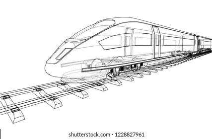 Modern speed train concept. Vector rendering of 3d. Wire-frame style